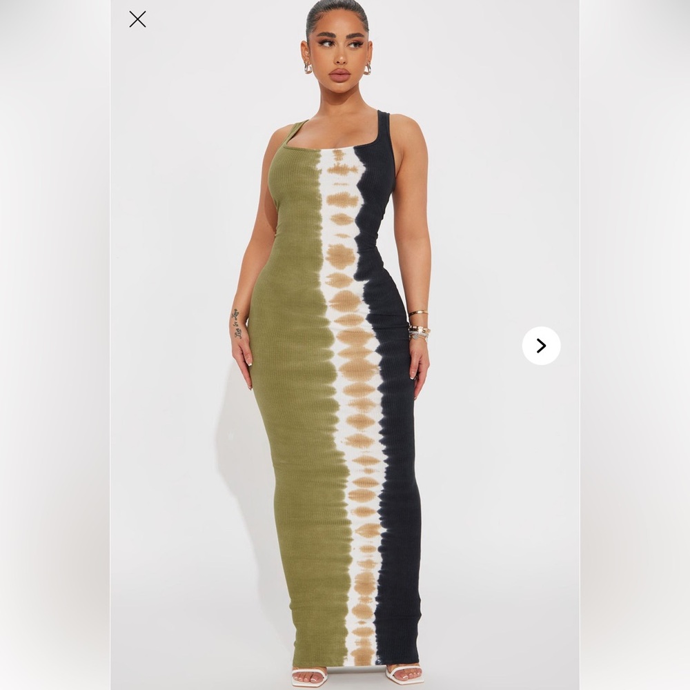 Elegant Olive and Black Tie-Dye Maxi Dress